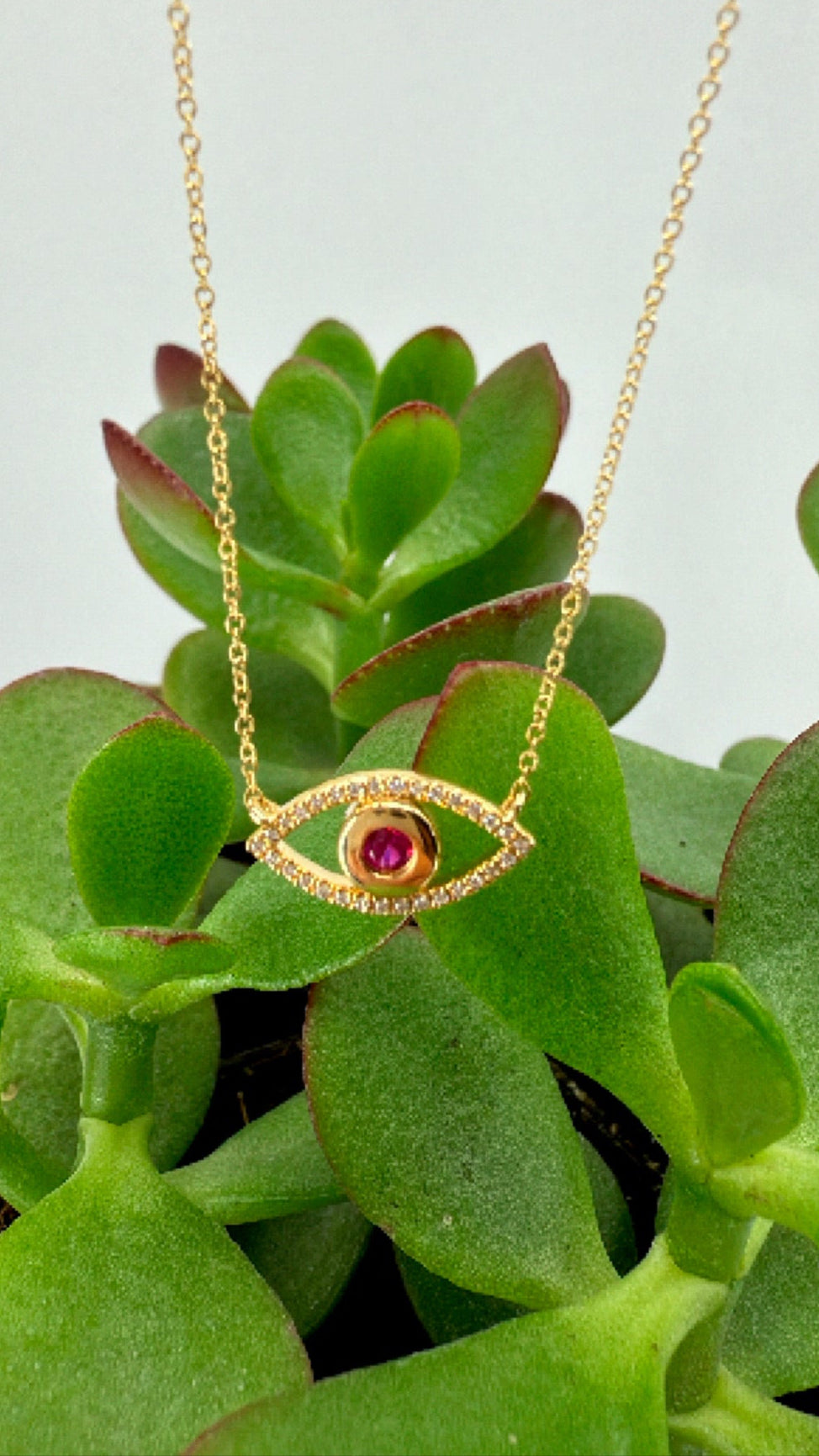 14k YELLOW GOLD NATURAL DIAMONDS AND RUBY EVIL EYE LADIES NECKLACE 0.09 CS-0.06