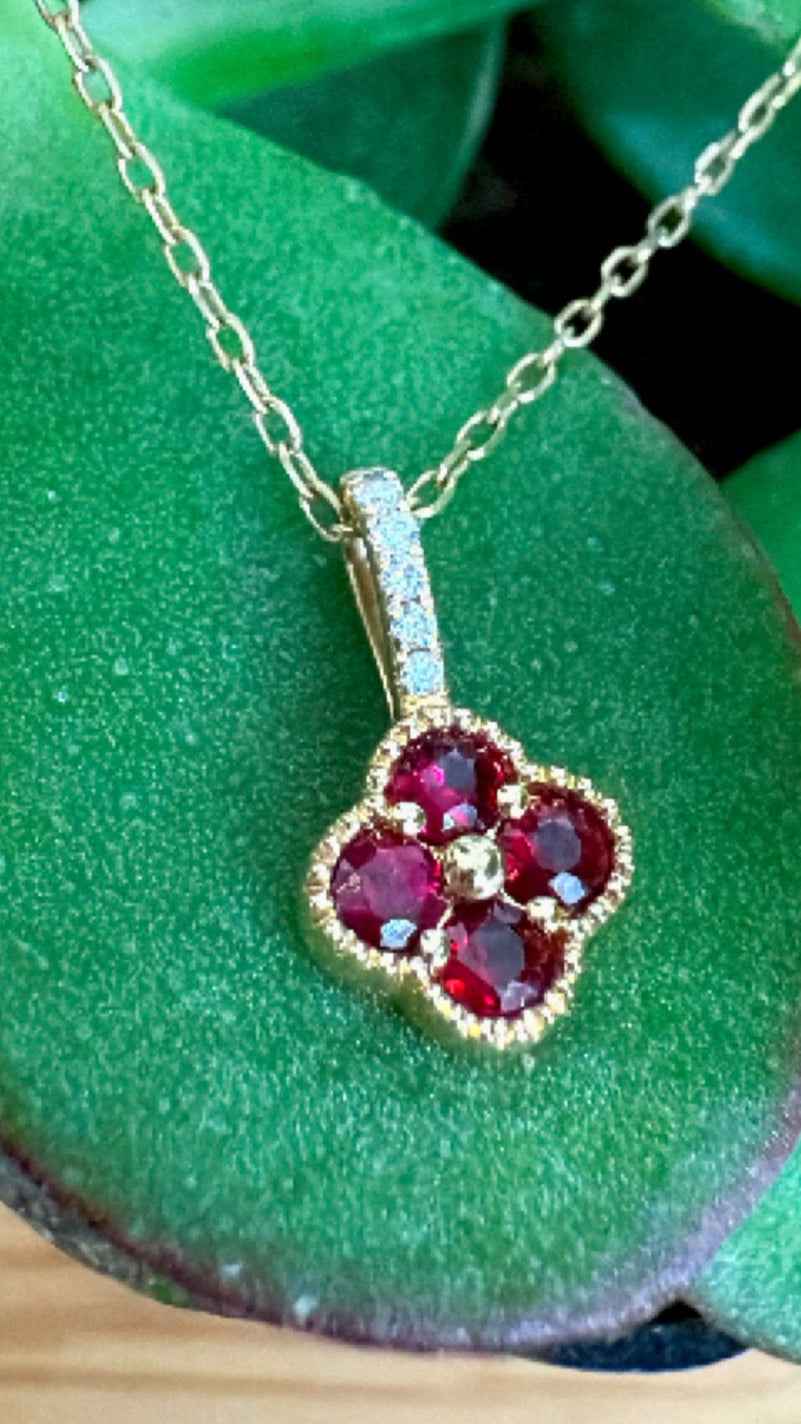 14K YELLOW GOLD RUBY AND NATURAL DIAMONDS LADIES NECKLACE