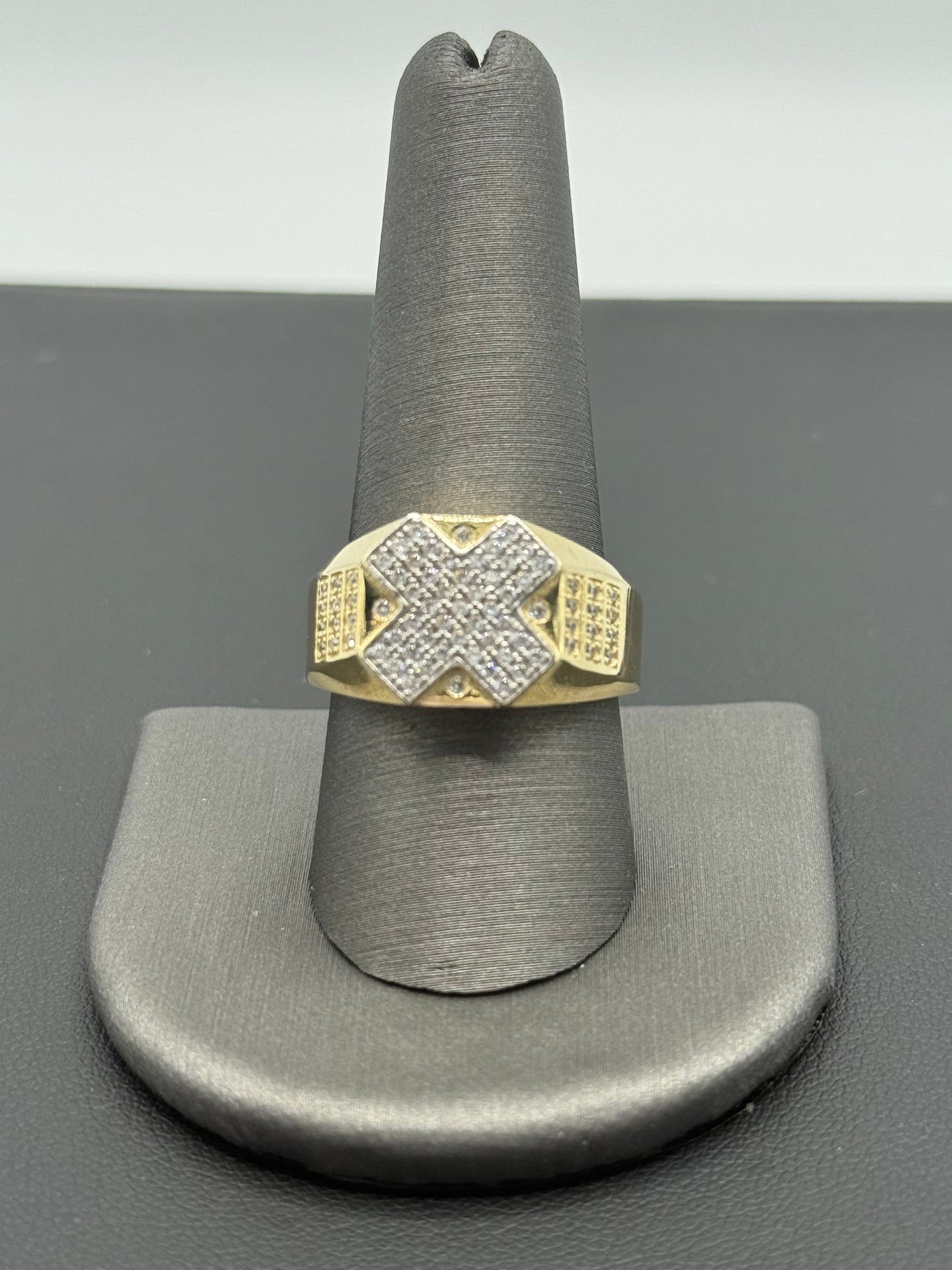 14K YELLOW GOLD MEN RING LITTLE ROUND WHITE ZIRCONIA STONE