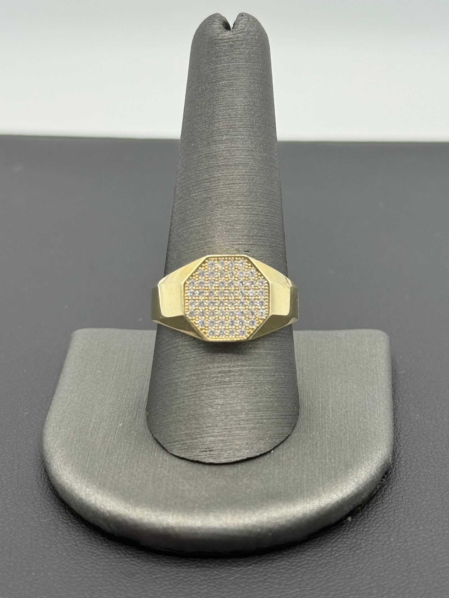 14K YELLOW GOLD MEN RING LITTLE ROUND WHITE ZIRCONIA STONE