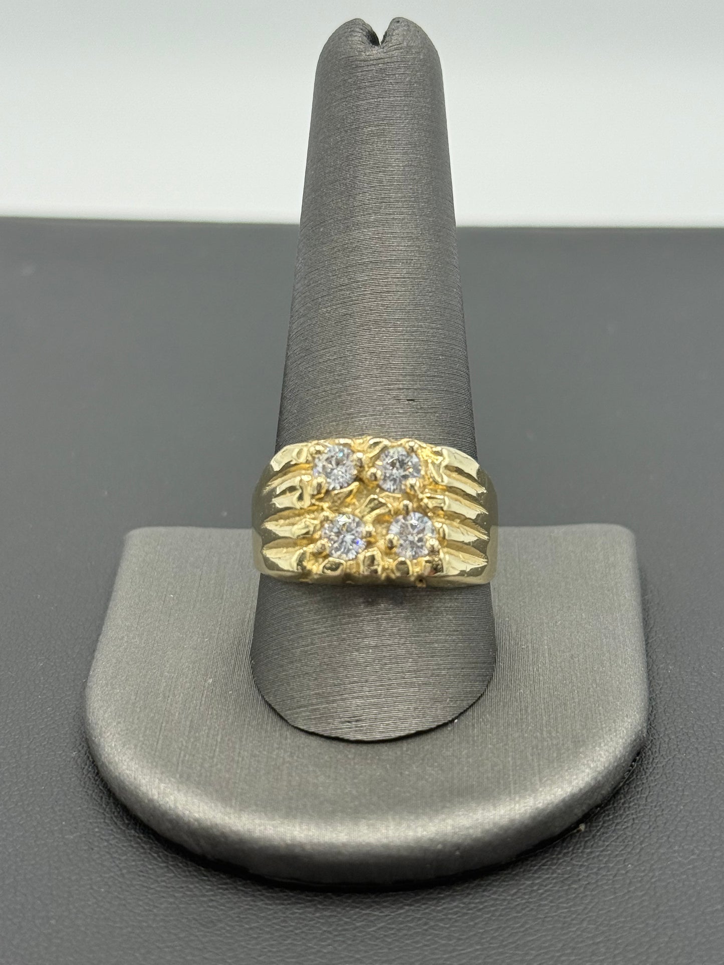 14K YELLOW GOLD MEN NUGGET RING WITH WHITE ZIRCONIAS STONES