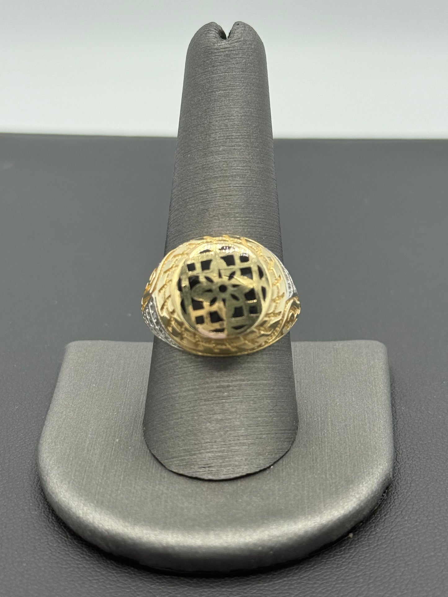 14K YELLOW GOLD MEN RING LITTLE ROUND WHITE ZIRCONIA STONE ONIX INSIDE