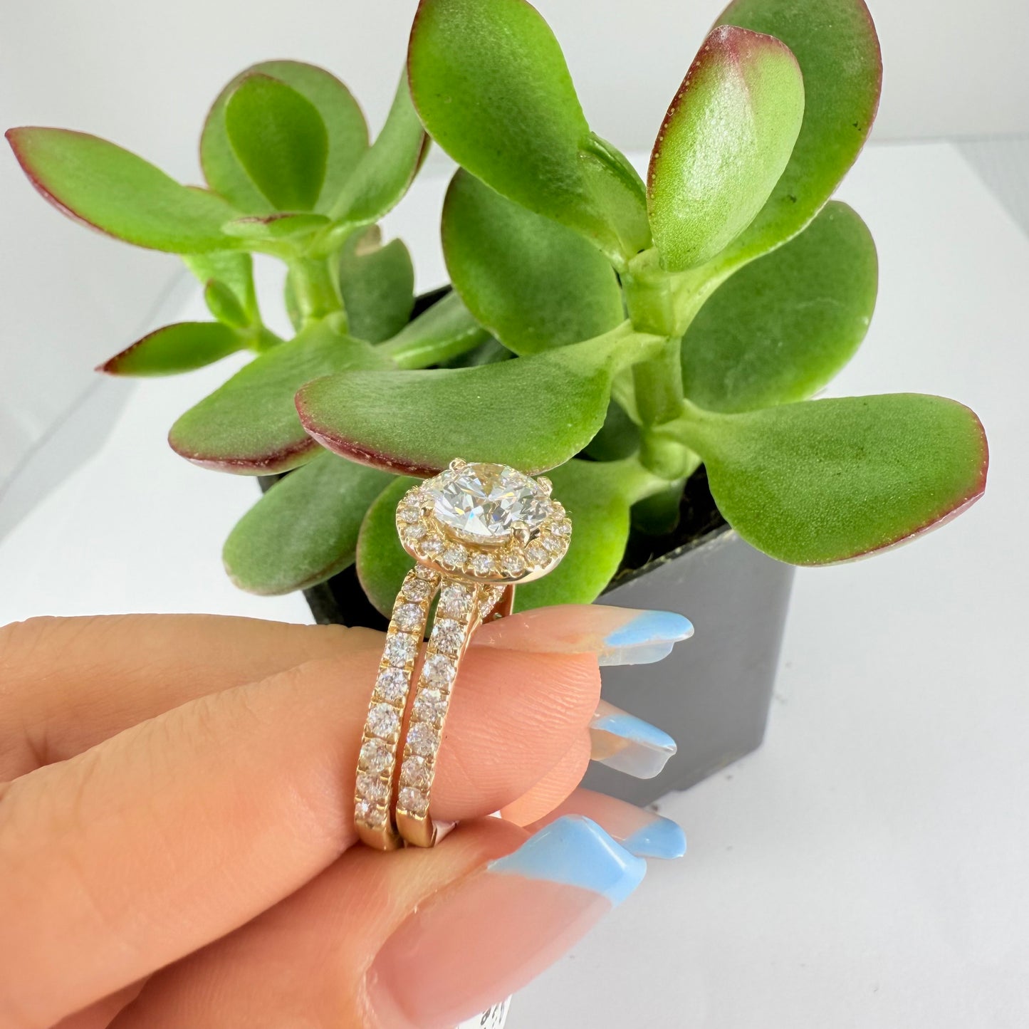 14k YGOLD 2 PCS WEDDING RINGS CLASSIC HALO ROUND SHAPED LAB GROWN DIAMONDS