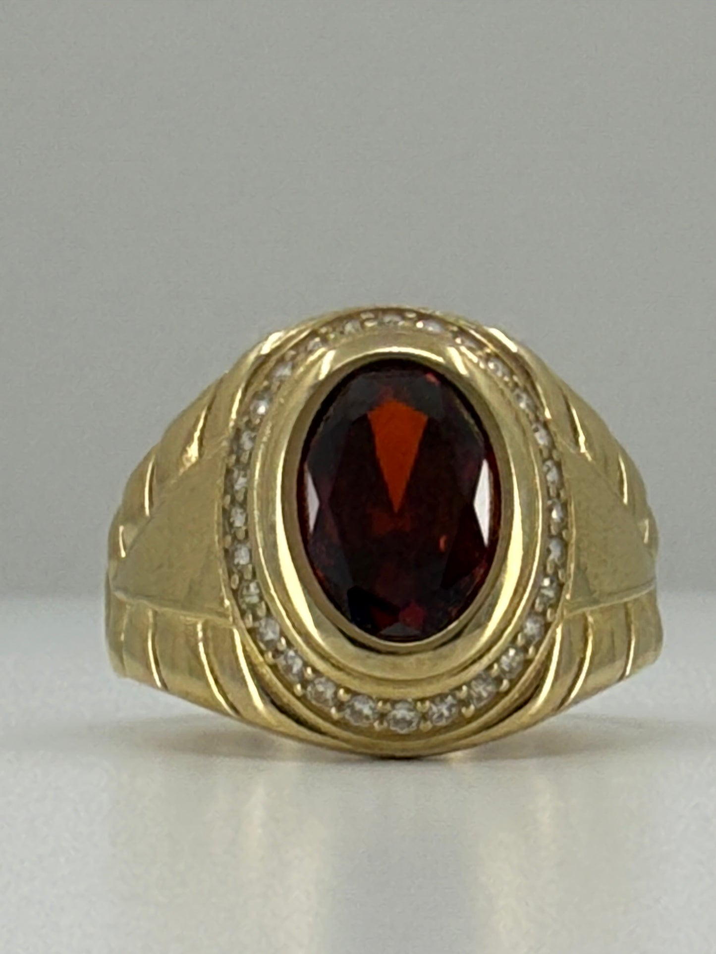 14k YELLOW GOLD MEN RING RED OVAL ZIRCONIA