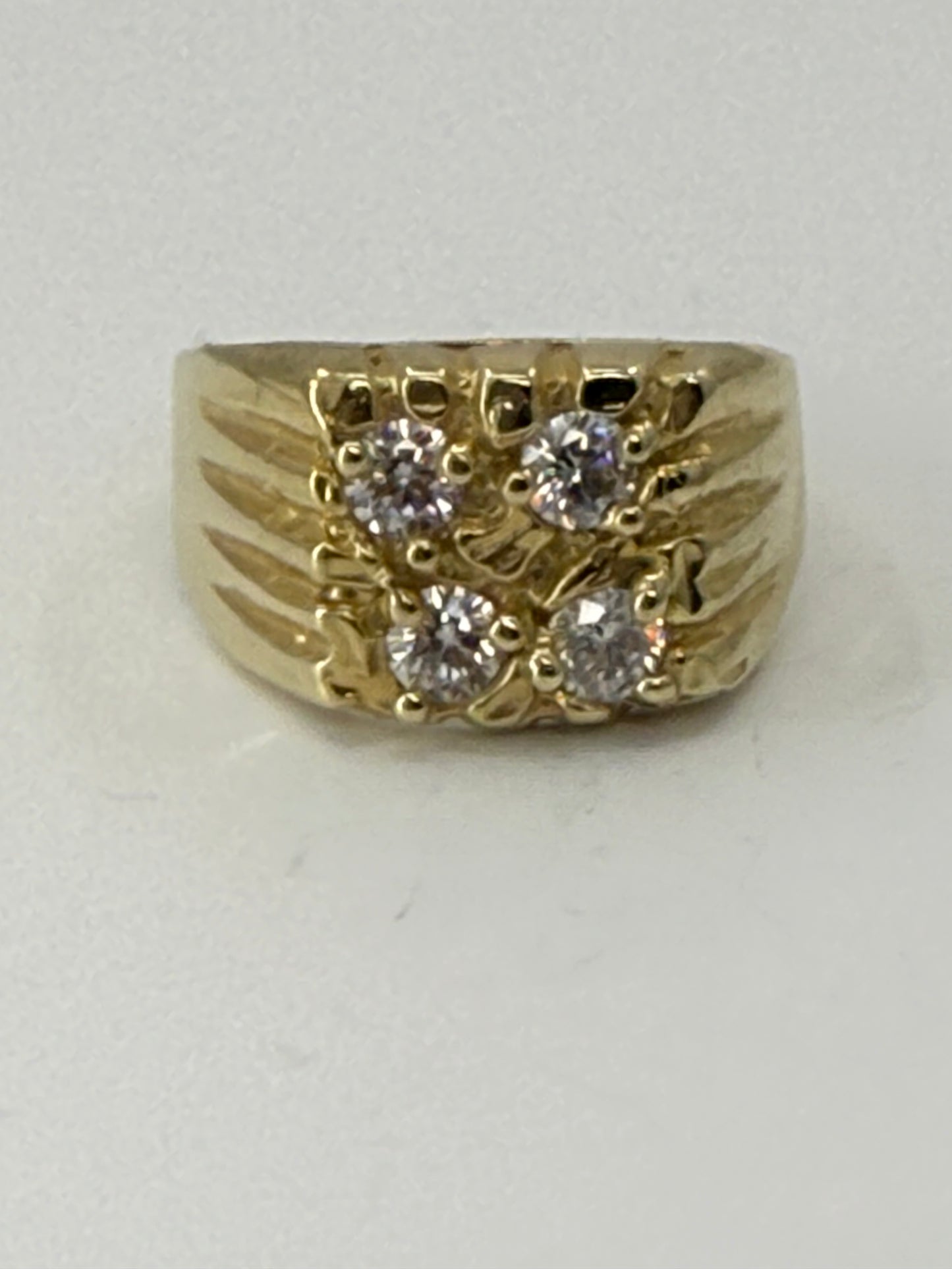 14K YELLOW GOLD MEN NUGGET RING WITH WHITE ZIRCONIAS STONES