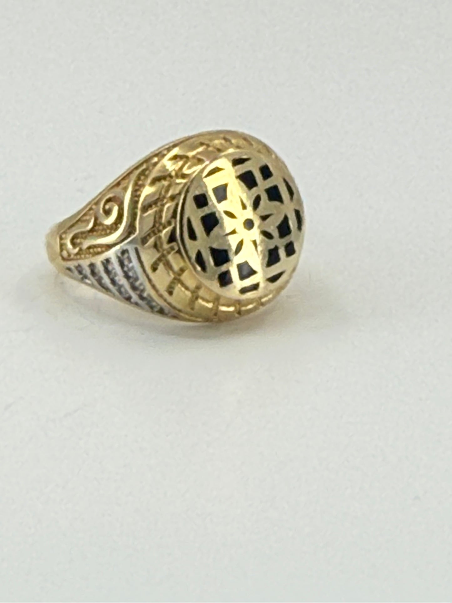 14K YELLOW GOLD MEN RING LITTLE ROUND WHITE ZIRCONIA STONE ONIX INSIDE