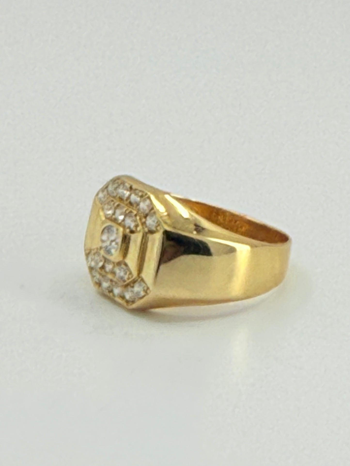 14K YELLOW GOLD MEN RING LITTLE ROUND WHITE ZIRCONIA STONE
