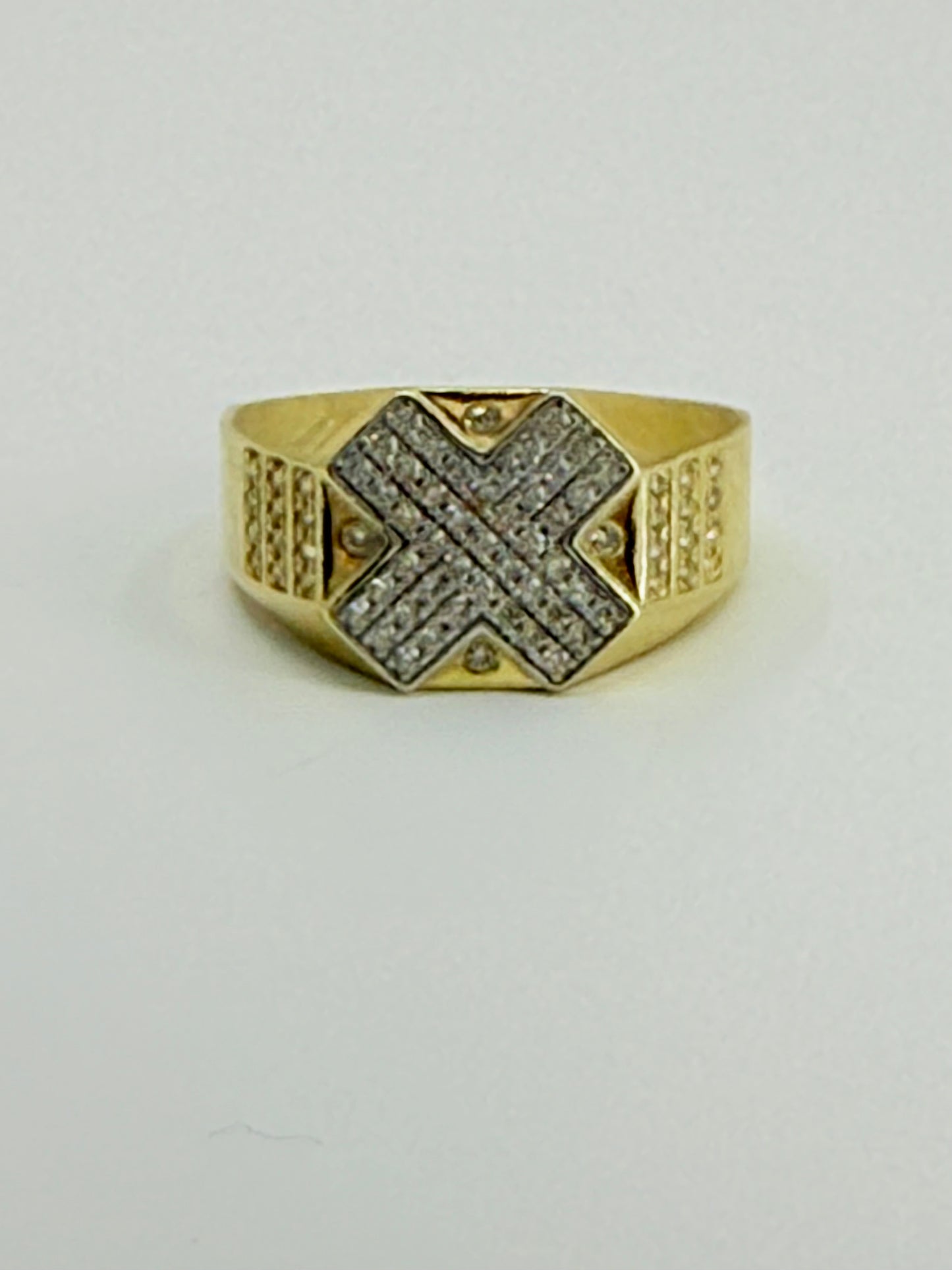 14K YELLOW GOLD MEN RING LITTLE ROUND WHITE ZIRCONIA STONE