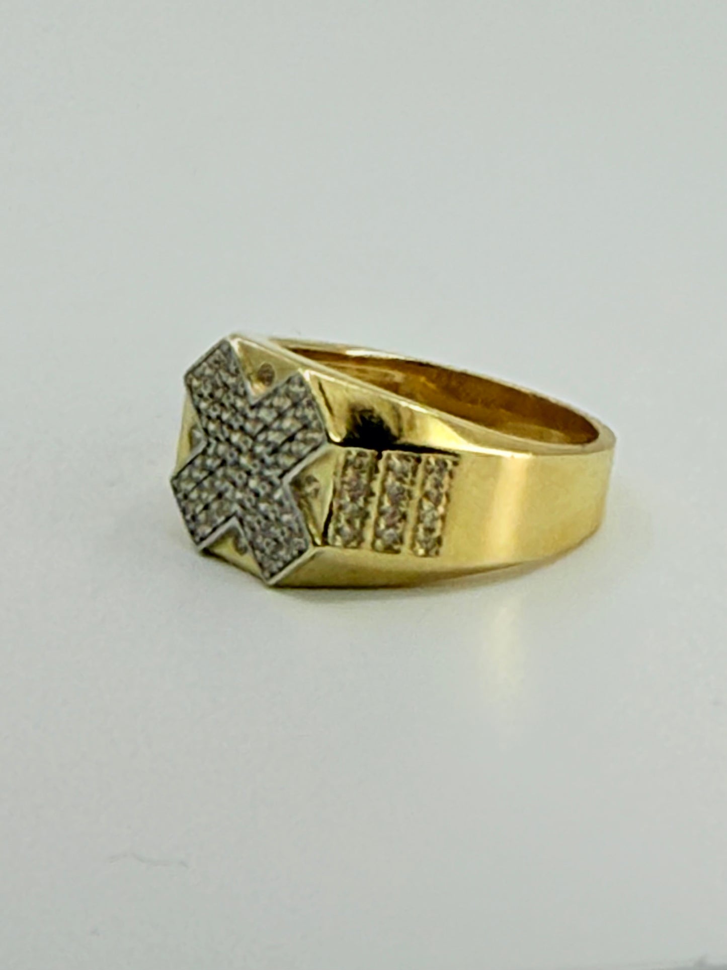 14K YELLOW GOLD MEN RING LITTLE ROUND WHITE ZIRCONIA STONE