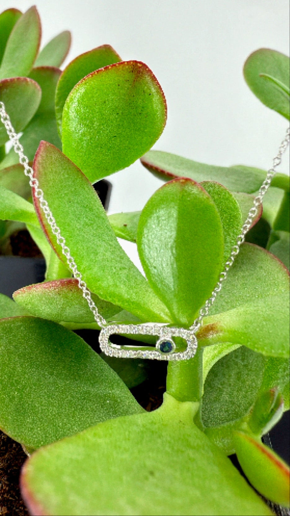 14k WHITE GOLD BLUE SAPPHIRE AND NATURAL  DIAMONDS BAR LADIES NECKLACE DIA - 0.05CST - 0.10
