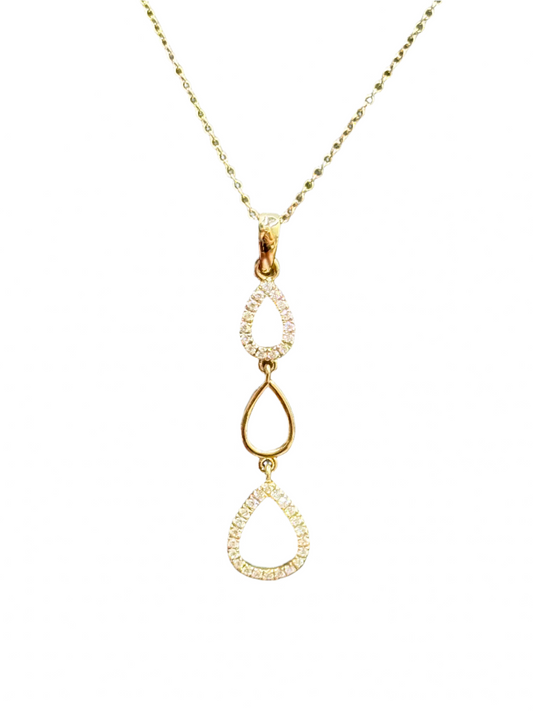 14K YELLOW GOLD LADIES NECKLACE  3 NATURAL DIAMONDS DROP PENDANT DIA=0.15