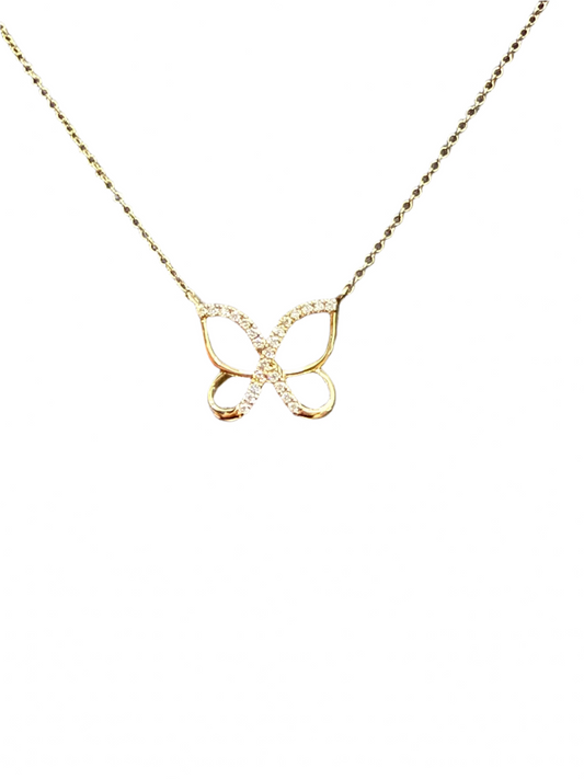 14k YELLOW GOLD NATURAL DIAMONDS BUTTERFLY NECKLACE DIA=0.10