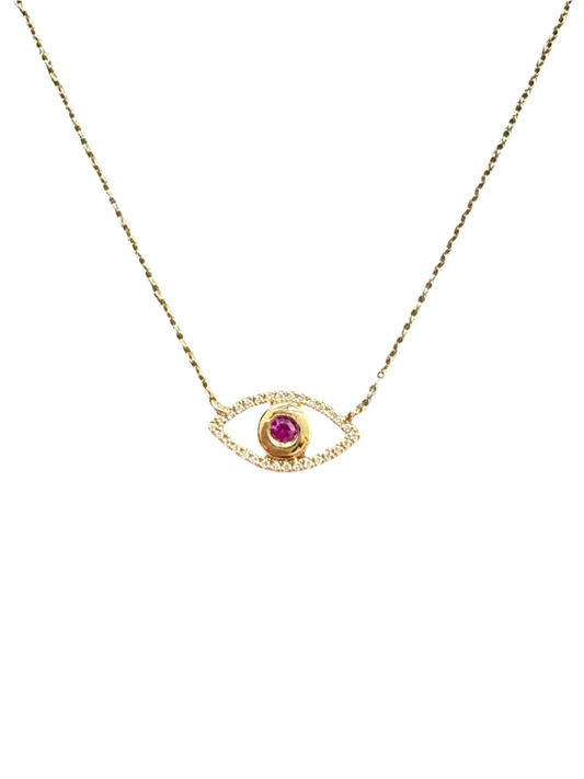 14k YELLOW GOLD NATURAL DIAMONDS AND RUBY EVIL EYE LADIES NECKLACE  0.09 CS-0.06