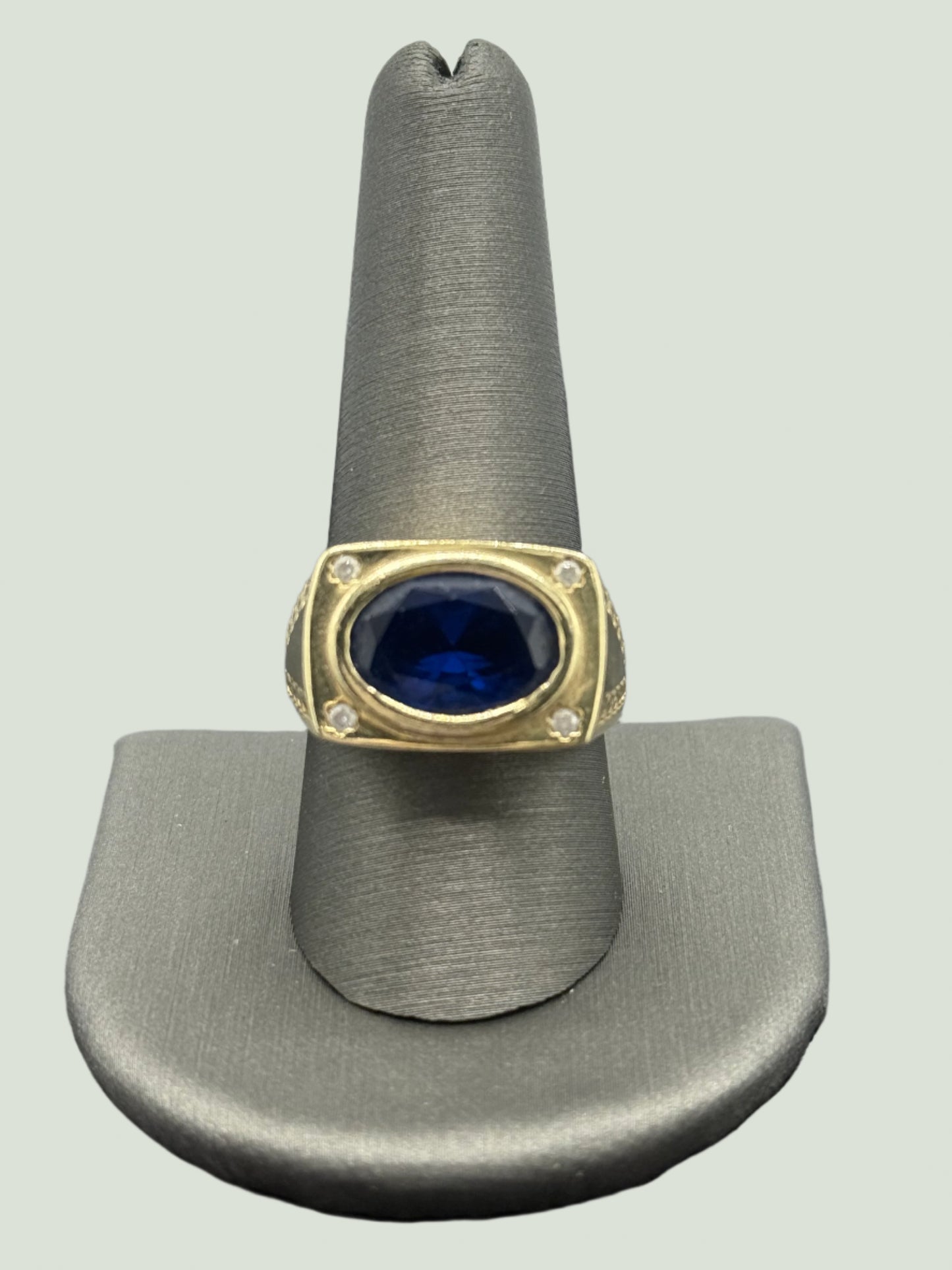 14K YELLOW GOLD MEN RING DARK BLUE OVAL ZIRCONIA STONE