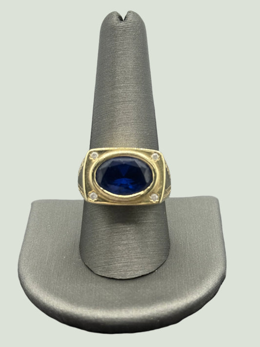 14K YELLOW GOLD MEN RING DARK BLUE OVAL ZIRCONIA STONE