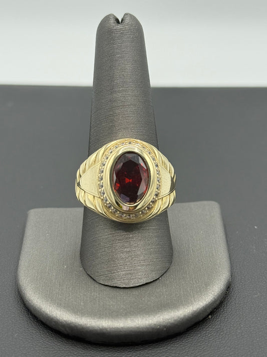 14k YELLOW GOLD MEN RING RED OVAL ZIRCONIA
