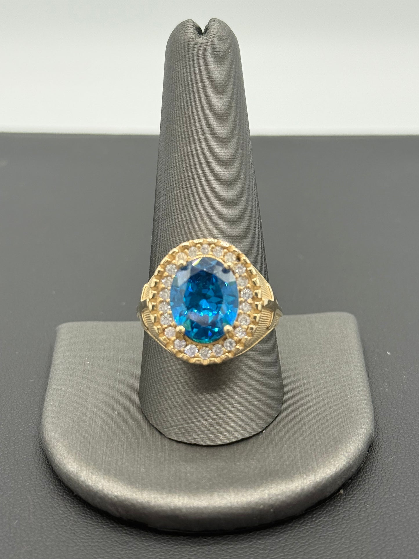 14K YELLOW GOLD MEN RING LIGHT BLUE OVAL ZIRCONIA STONE