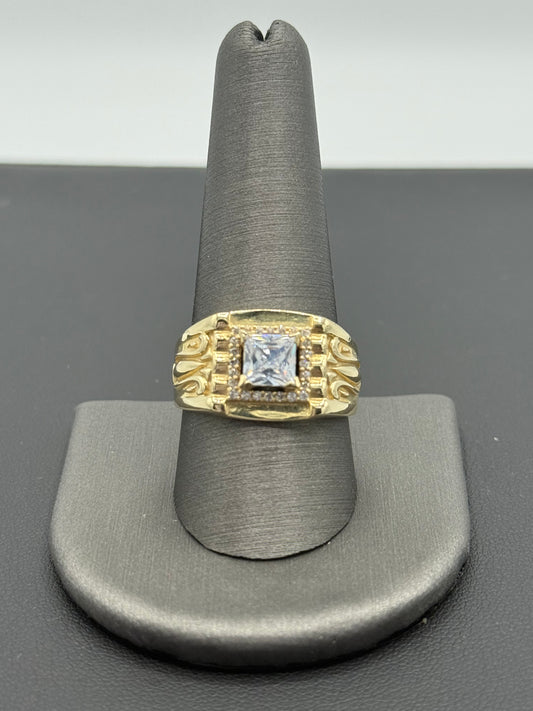 14K YELLOW GOLD MEN RING SMALL WHITE SQUARE ZIRCONIA