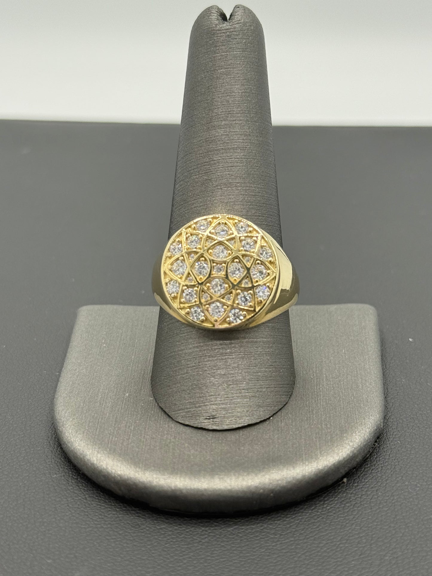 14K YELLOW GOLD MEN RING LITTLE ROUND WHITE  ZIRCONIA STONE