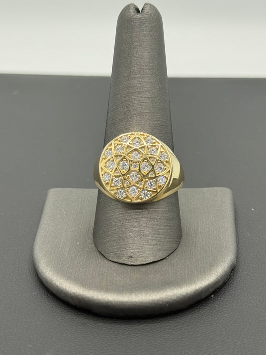 14K YELLOW GOLD MEN RING LITTLE ROUND WHITE  ZIRCONIA STONE