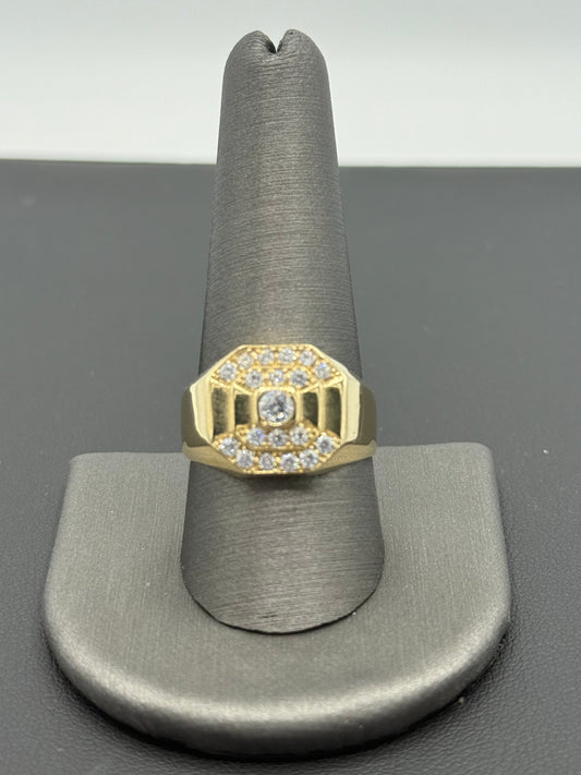 14K YELLOW GOLD MEN RING LITTLE ROUND WHITE  ZIRCONIA STONE