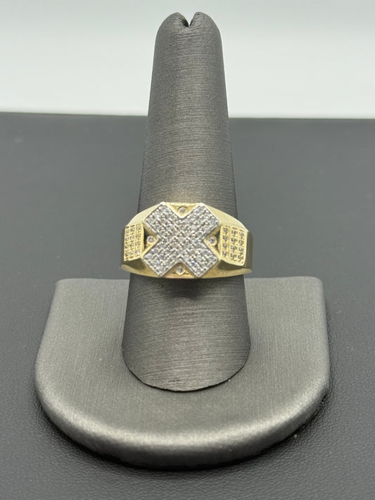 14K YELLOW GOLD MEN RING LITTLE ROUND WHITE  ZIRCONIA STONE