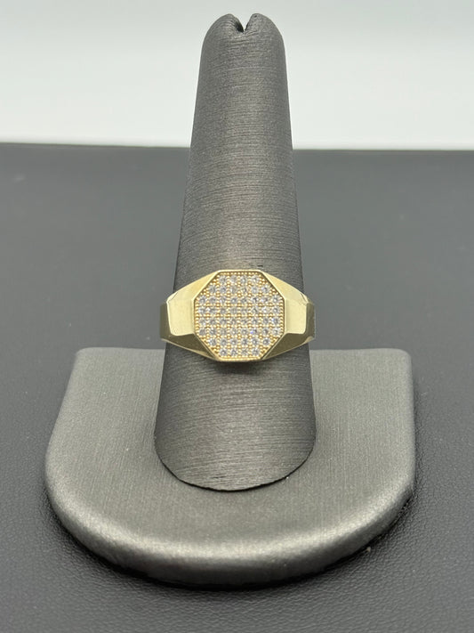 14K YELLOW GOLD MEN RING LITTLE ROUND WHITE  ZIRCONIA STONE