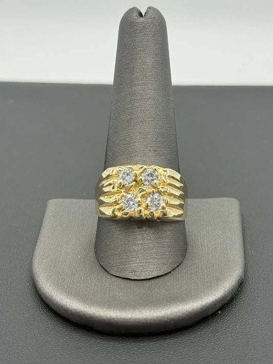 14K YELLOW GOLD MEN NUGGET RING WITH WHITE ZIRCONIAS STONES