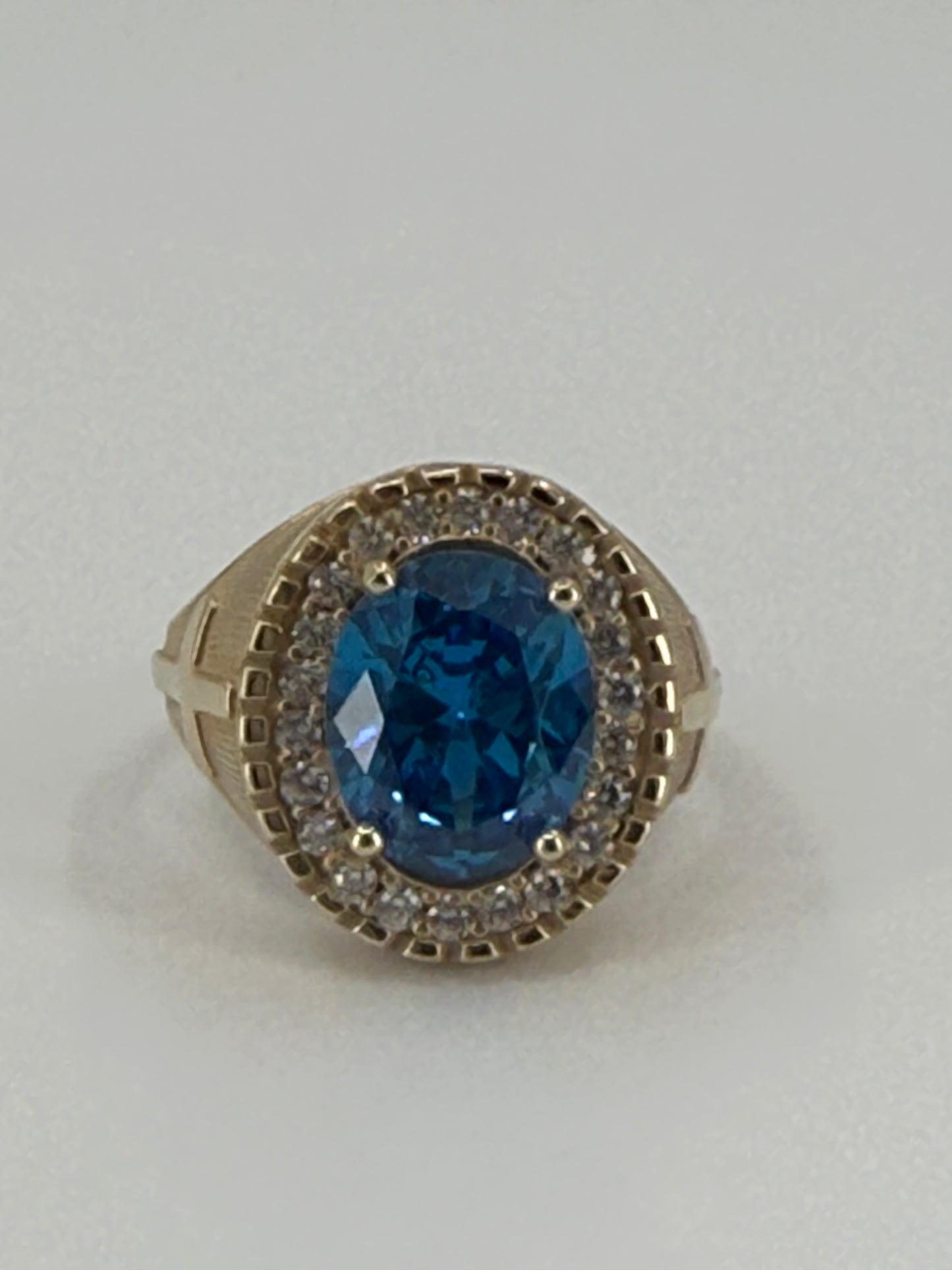 14K YELLOW GOLD MEN RING LIGHT BLUE OVAL ZIRCONIA STONE