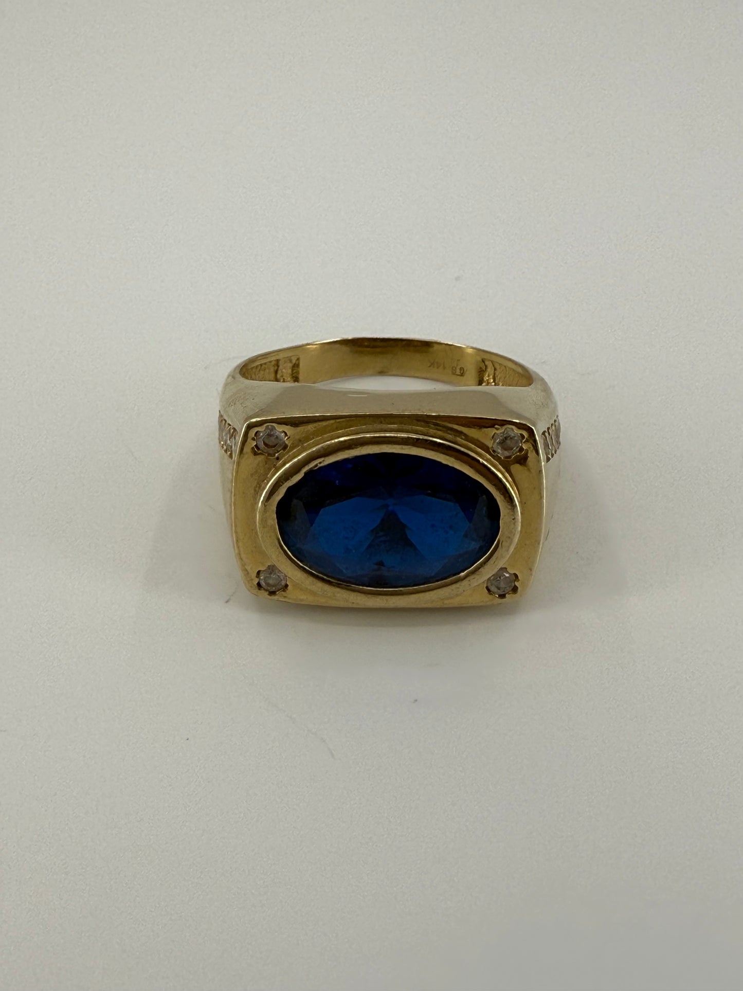 14K YELLOW GOLD MEN RING DARK BLUE OVAL ZIRCONIA STONE