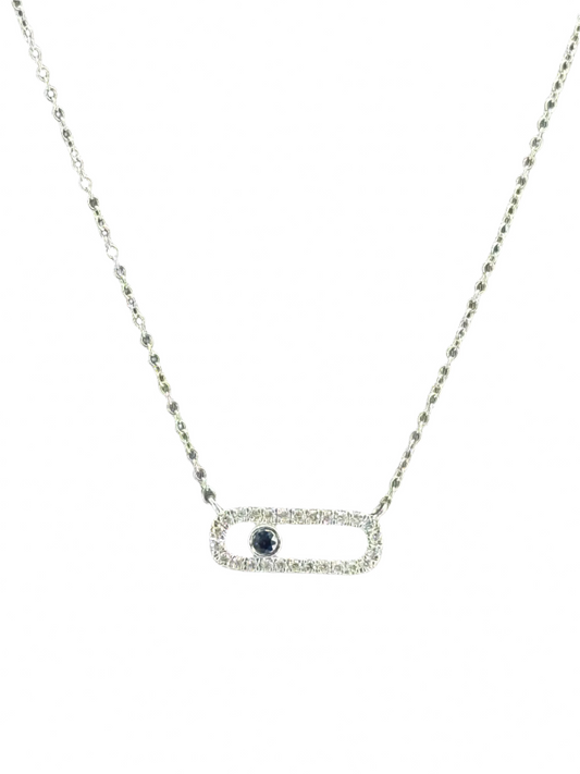 14k WHITE GOLD BLUE SAPPHIRE AND NATURAL  DIAMONDS BAR LADIES NECKLACE DIA - 0.05CST - 0.10