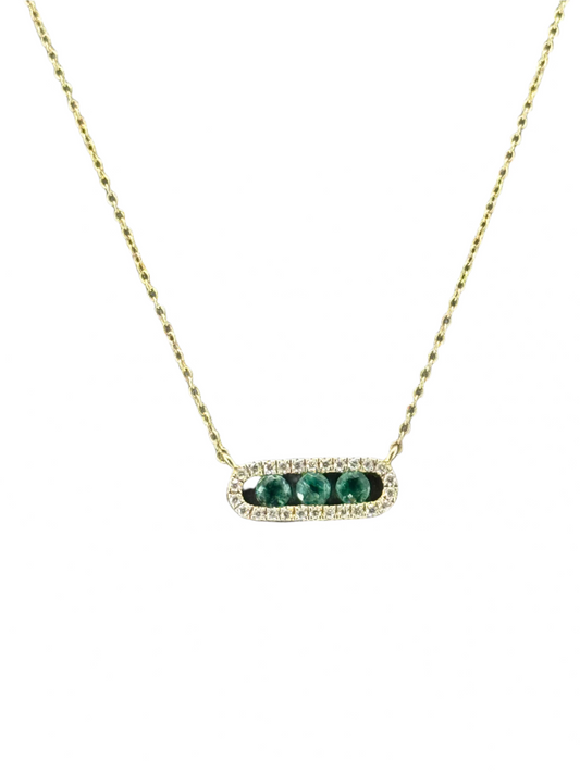 14k YELLOW GOLD NATURAL EMERALDS AND DIAMONDS LADIES NECKLACES ROUND BAR NECKLACE DIA=0.10 CS=0.25
