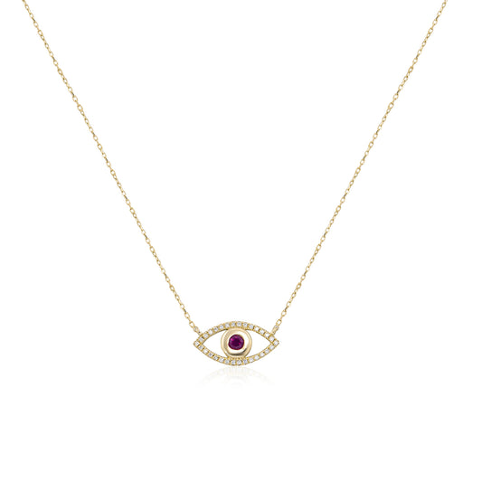 14K Yellow Gold Ruby and Diamond Evil Eye Necklace